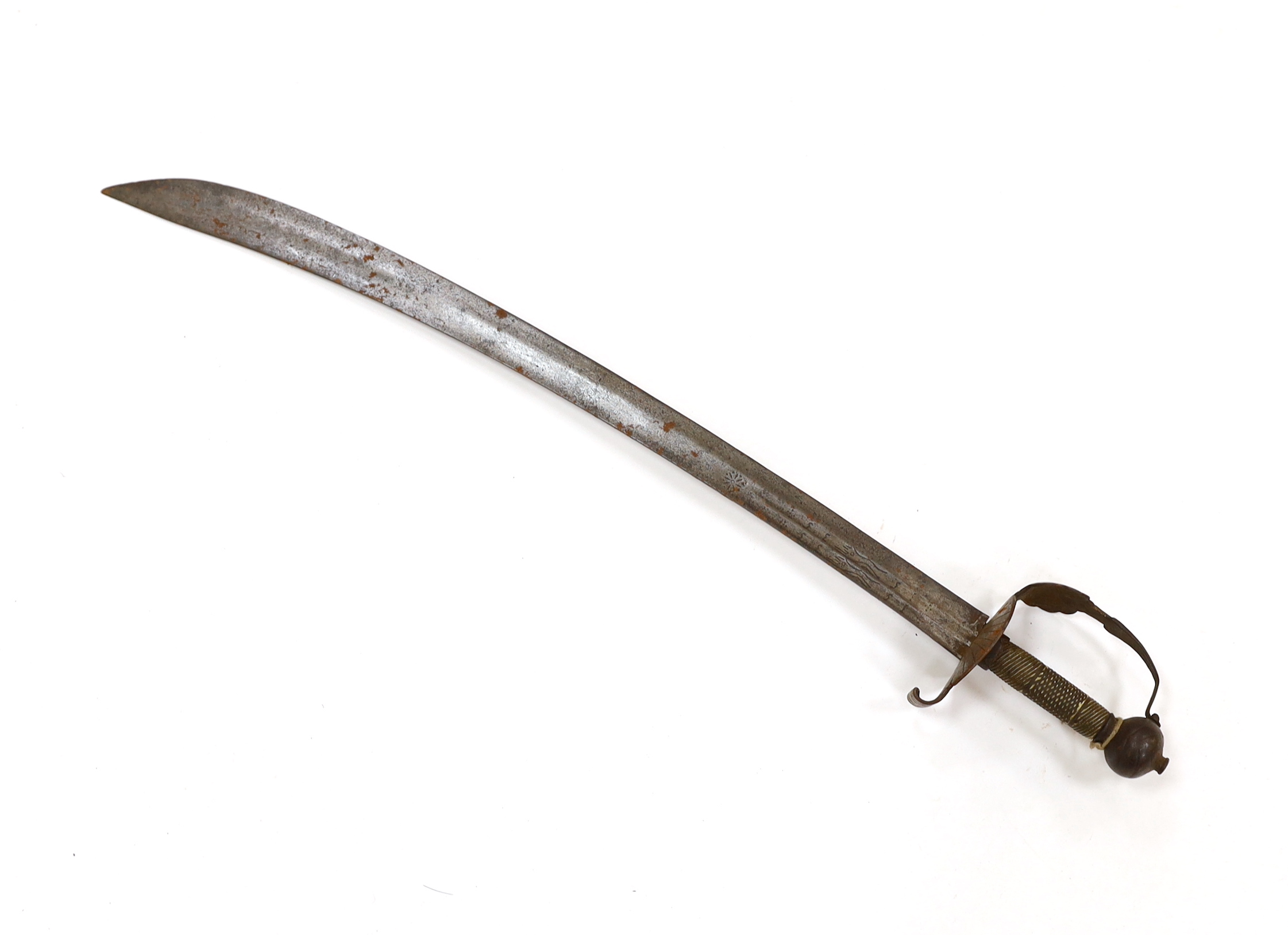 An English hangar, mid 17th century, curved fullered blade engraved with spurious date 1535 and running wolf mark, iron guard slightly reduced and swollen pommel, spirally carved and chequered bone grip, blade 67.5cm